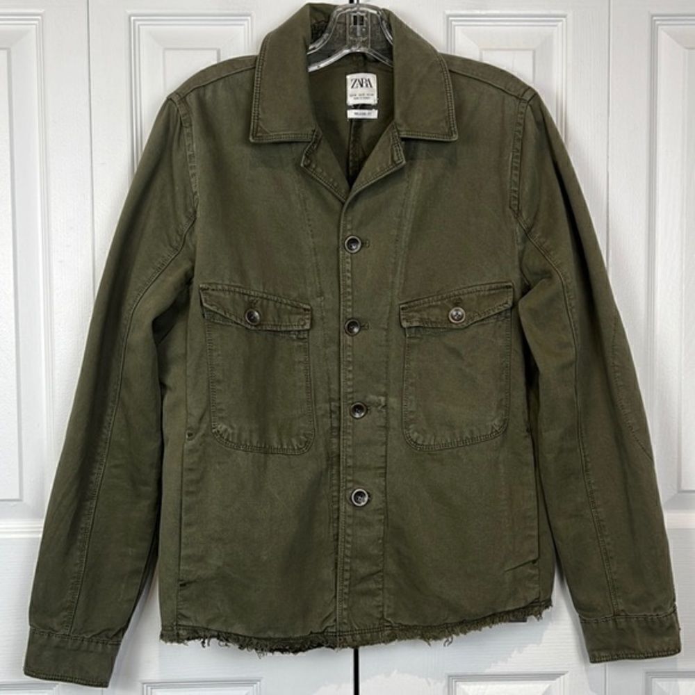 Zara Unisex Relaxed Fit Olive Green Frayed Hem 100% Cottage Jacket Size M